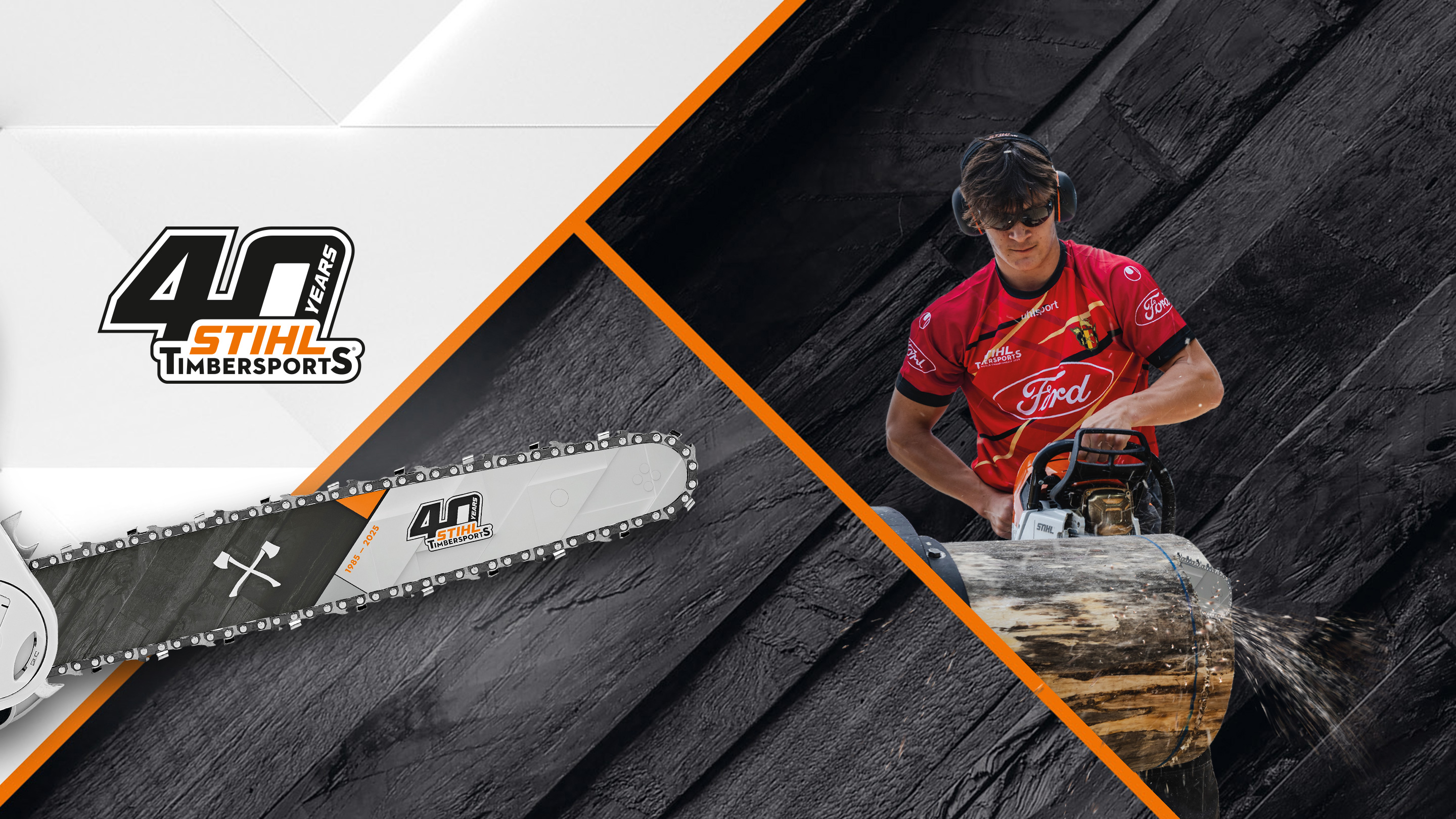 STIHL 40 lat TIMBERSPORTS: sportowiec w czerwonej koszulce obsługuje pilarkę STIHL, na pierwszym planie widać logo i jubileuszową prowadnicę