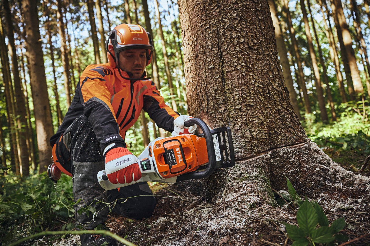 Mężczyzna w wyposażeniu ochronnym STIHL piłuje pień drzewa